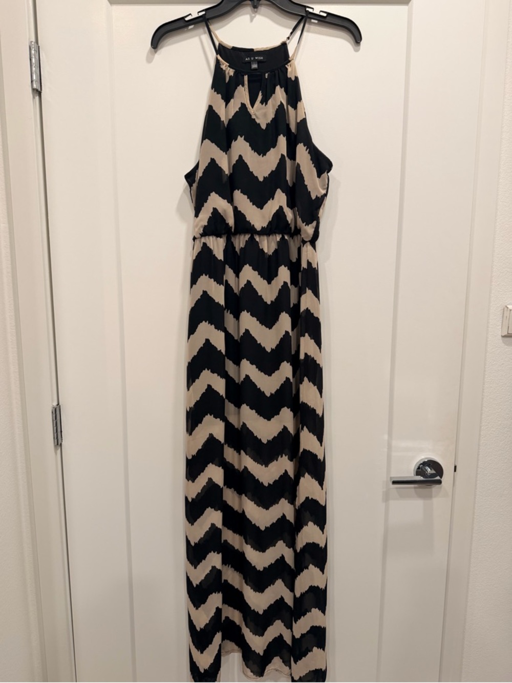 As U Wish Black and Beige Chevron Halter Maxi Dress